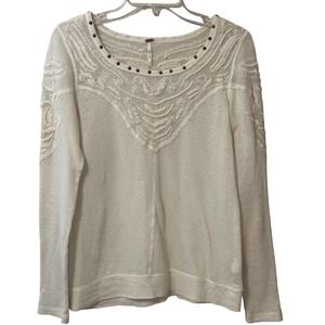 Free People Sweater White Long Sleeve Lace Embroidered Size Medium
